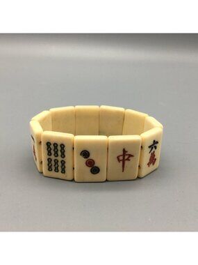 Vintage Mahjong Tile Bracelet Cream Plastic Stretch Asian Game Jewelry